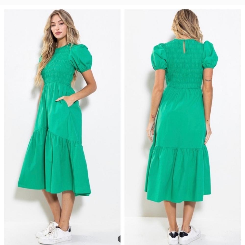 Emerald Green Puff Sleeve Midi Smocked Sundress